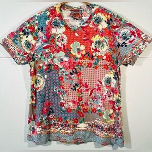 JOHNNY WAS Lubello Favorite Short Sleeve Crewneck Swing Tee Floral Patchwork XL